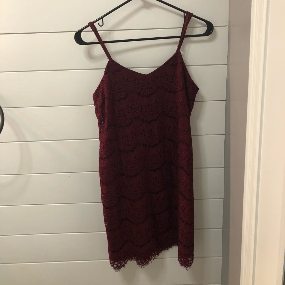 love, Fire Spaghetti Strap Maroon Lace Dress